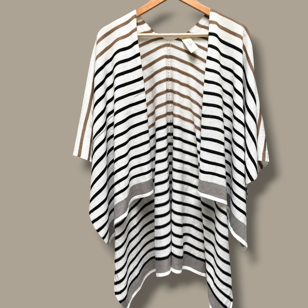 Simply Noelle Womens Striped Open Front Poncho Sweater Knit White Black Tan OS